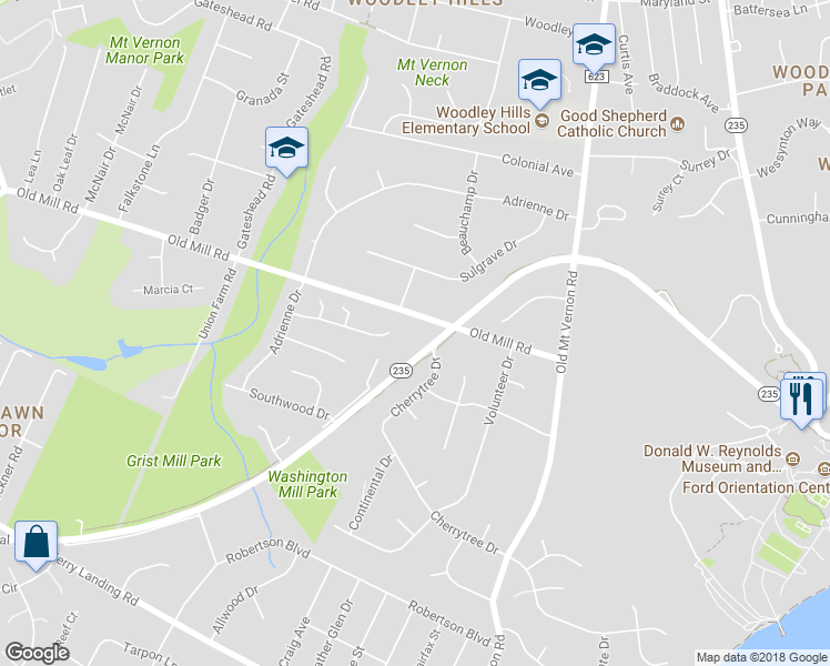map of restaurants, bars, coffee shops, grocery stores, and more near 4007 Old Mill Road in Alexandria