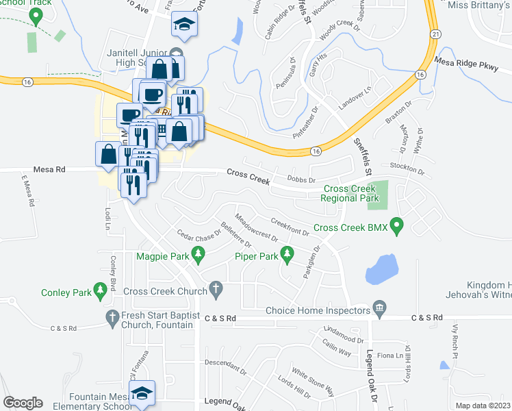 map of restaurants, bars, coffee shops, grocery stores, and more near 7286 Creekfront Drive in Fountain