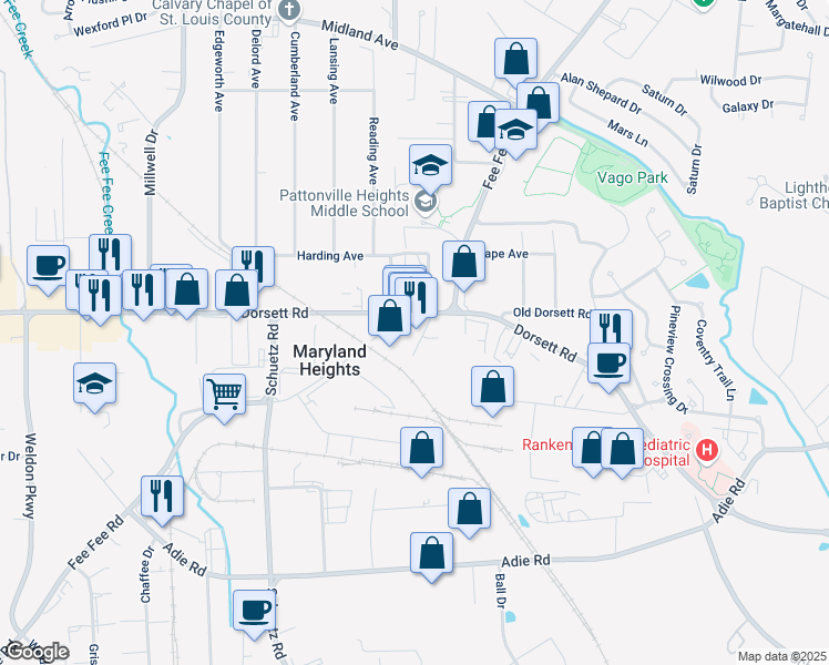 map of restaurants, bars, coffee shops, grocery stores, and more near 11644 Dorsett Road in Maryland Heights