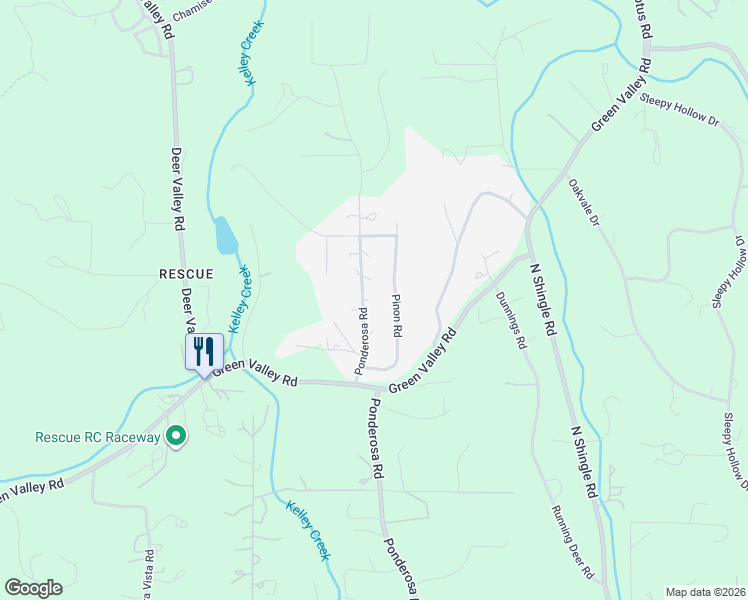 map of restaurants, bars, coffee shops, grocery stores, and more near 2375 Ponderosa Road in Rescue