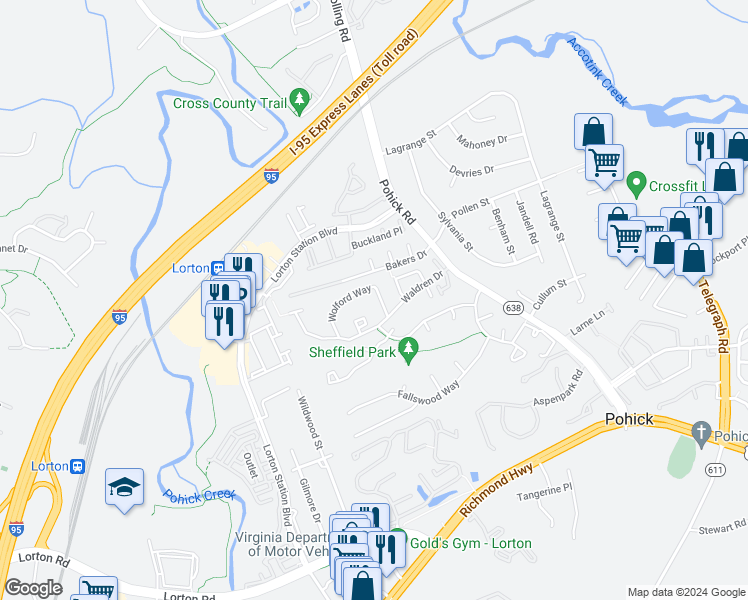 map of restaurants, bars, coffee shops, grocery stores, and more near 7663 Wolford Way in Lorton