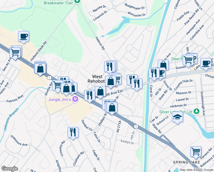 map of restaurants, bars, coffee shops, grocery stores, and more near 100 Henlopen Stat in Rehoboth Beach