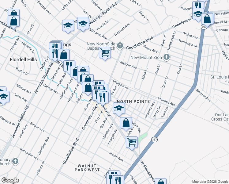 map of restaurants, bars, coffee shops, grocery stores, and more near 6201 North Pointe Boulevard in St. Louis