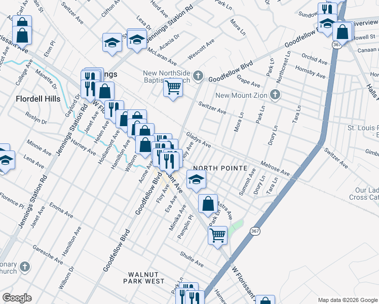 map of restaurants, bars, coffee shops, grocery stores, and more near 6201 North Pointe Boulevard in St. Louis