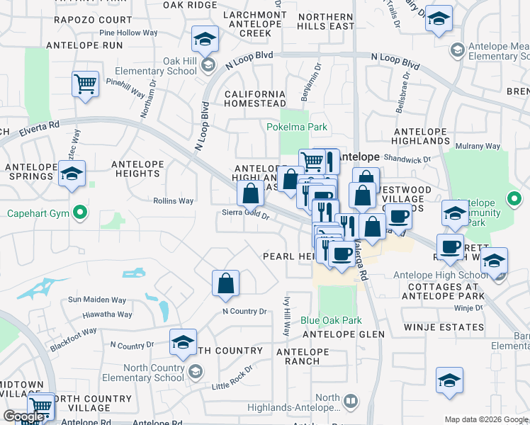 map of restaurants, bars, coffee shops, grocery stores, and more near 4134 Sierra Gold Drive in Antelope