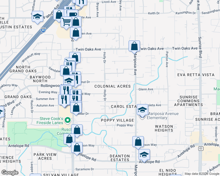 map of restaurants, bars, coffee shops, grocery stores, and more near 8116 Holly Drive in Citrus Heights