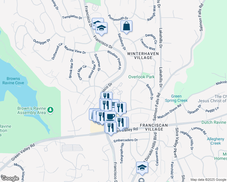 map of restaurants, bars, coffee shops, grocery stores, and more near 3025 Village Center Drive in El Dorado Hills