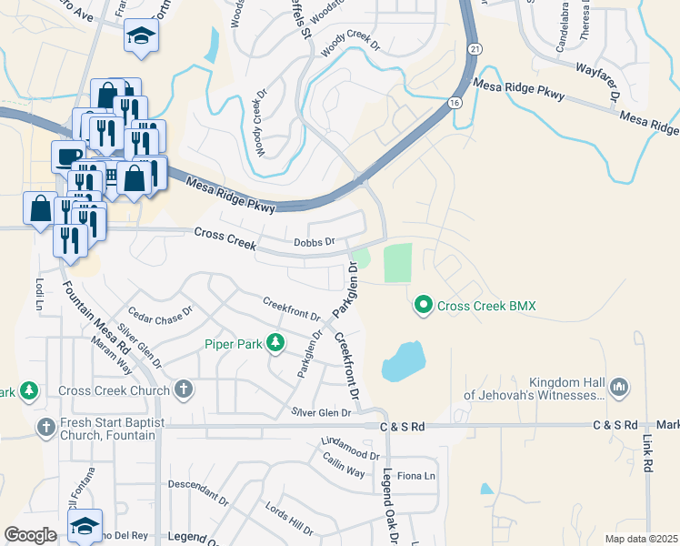 map of restaurants, bars, coffee shops, grocery stores, and more near 7633 Sandy Springs Point in Fountain