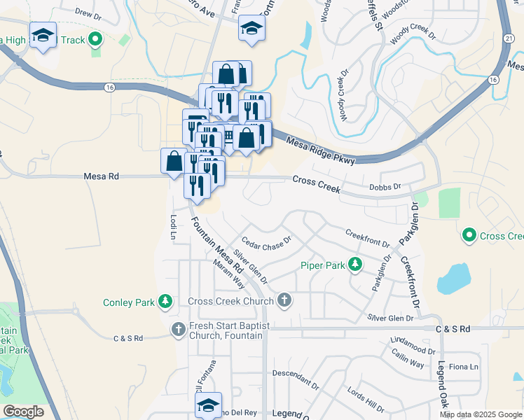 map of restaurants, bars, coffee shops, grocery stores, and more near 6986 Creekfront Drive in Fountain