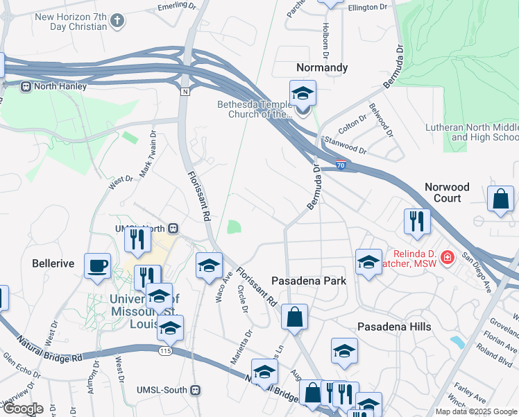 map of restaurants, bars, coffee shops, grocery stores, and more near 7736 Springdale Drive in St. Louis