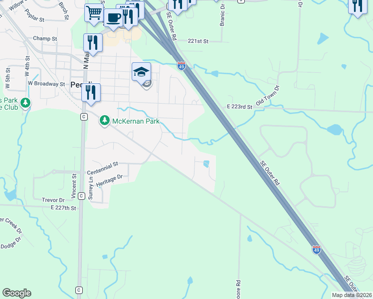 map of restaurants, bars, coffee shops, grocery stores, and more near 709 Sivley Street in Peculiar
