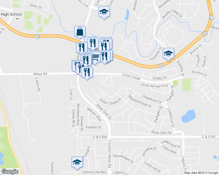 map of restaurants, bars, coffee shops, grocery stores, and more near 7107 Yampa River Heights in Fountain