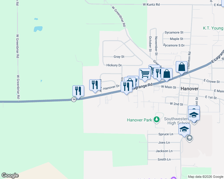 map of restaurants, bars, coffee shops, grocery stores, and more near 599 Ohio River Scenic Byway in Hanover