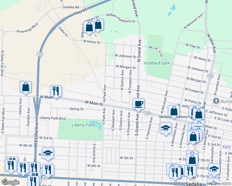 map of restaurants, bars, coffee shops, grocery stores, and more near 309 Quincy Avenue in Sedalia