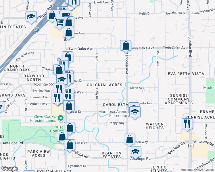 map of restaurants, bars, coffee shops, grocery stores, and more near 7641 Baird Way in Citrus Heights