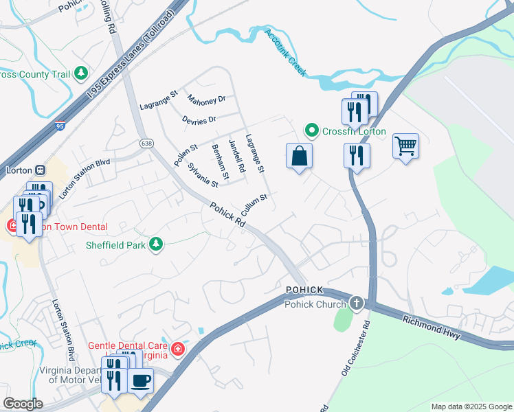 map of restaurants, bars, coffee shops, grocery stores, and more near 7505 Cullum Street in Lorton