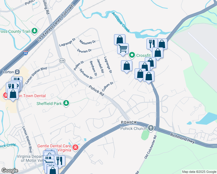 map of restaurants, bars, coffee shops, grocery stores, and more near 7505 Cullum Street in Lorton