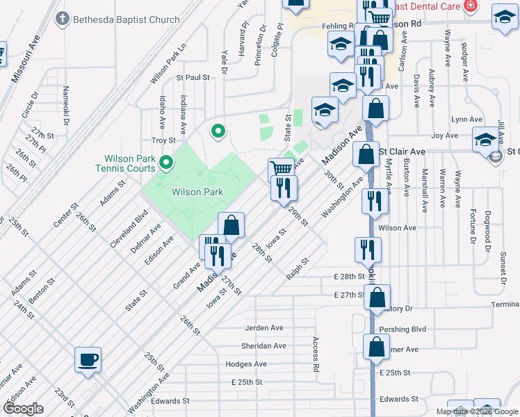 map of restaurants, bars, coffee shops, grocery stores, and more near 2817 Madison Avenue in Granite City