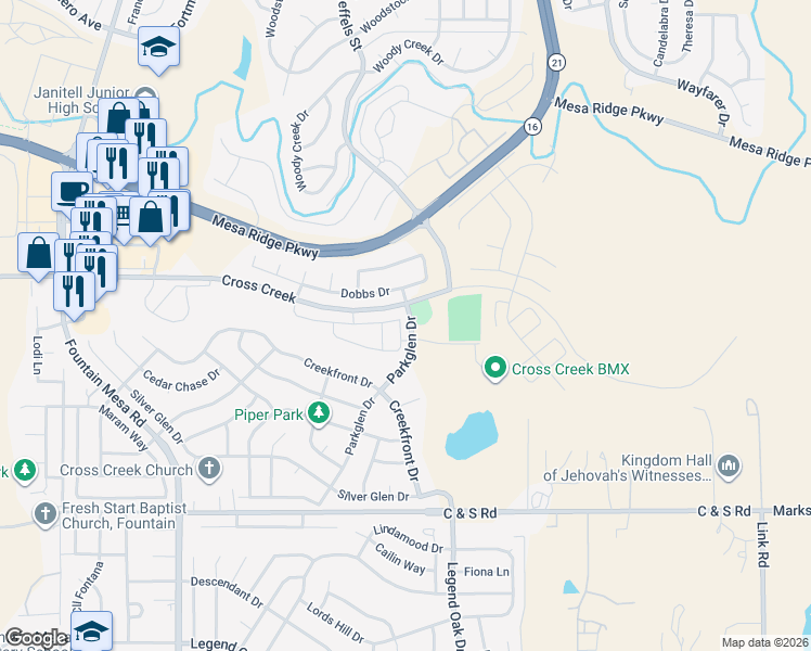 map of restaurants, bars, coffee shops, grocery stores, and more near 7620 Sandy Springs Point in Fountain