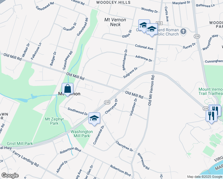 map of restaurants, bars, coffee shops, grocery stores, and more near 4007 Old Mill Road in Alexandria