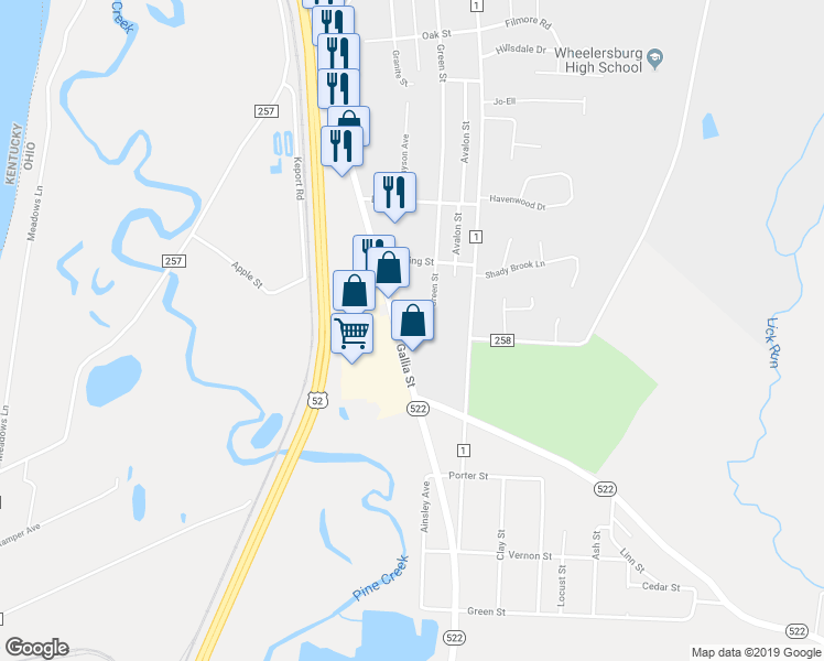 map of restaurants, bars, coffee shops, grocery stores, and more near 9070 Ohio River Road in Wheelersburg