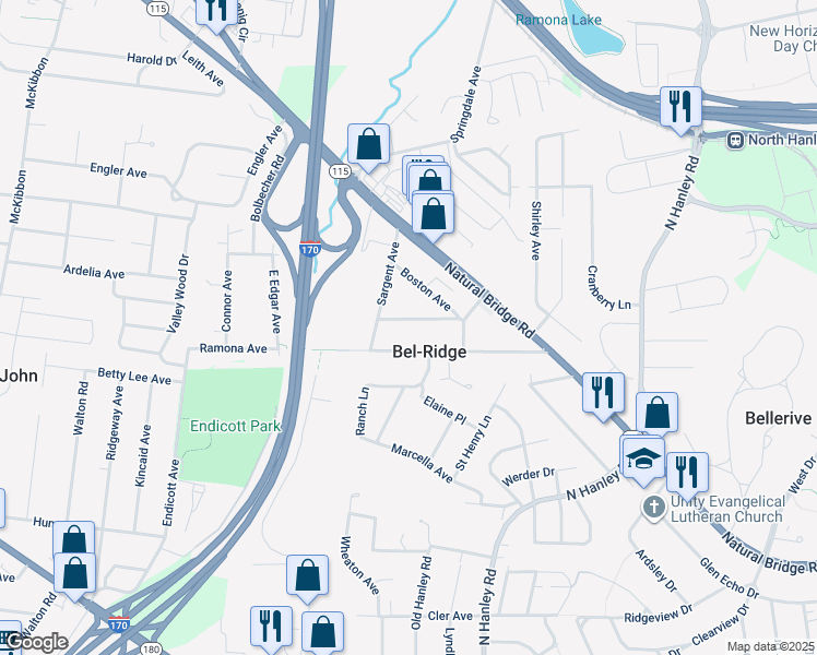 map of restaurants, bars, coffee shops, grocery stores, and more near 8974 Ramona Avenue in St. Louis