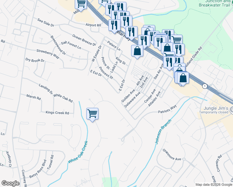 map of restaurants, bars, coffee shops, grocery stores, and more near 24 Kings Creek Circle in Rehoboth Beach