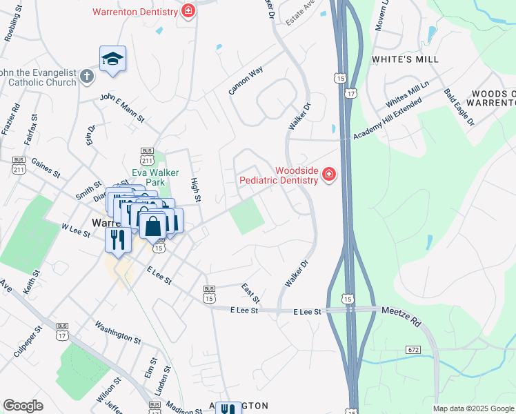 map of restaurants, bars, coffee shops, grocery stores, and more near 178 Sterling Court in Warrenton