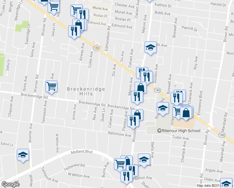 map of restaurants, bars, coffee shops, grocery stores, and more near 3229 Calvert Avenue in St. Louis