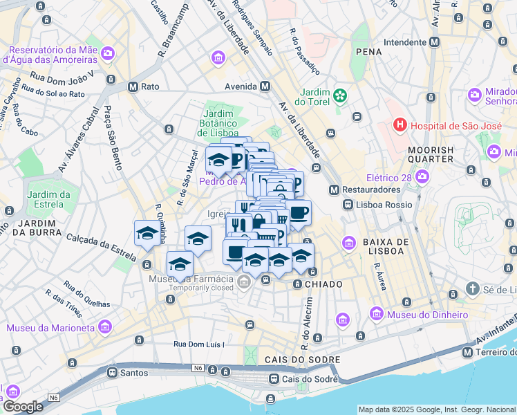 map of restaurants, bars, coffee shops, grocery stores, and more near 45 Rua São Boaventura in Lisboa