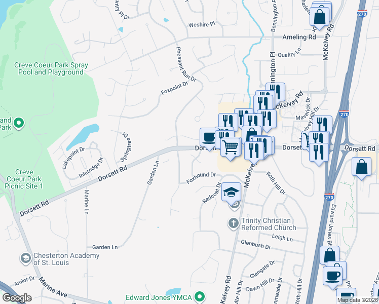 map of restaurants, bars, coffee shops, grocery stores, and more near 12188 Oakwilde Court in Maryland Heights