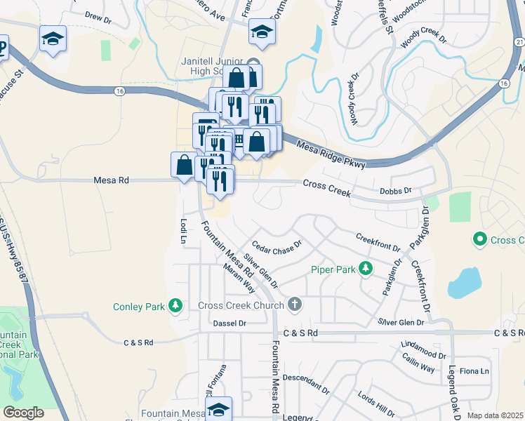 map of restaurants, bars, coffee shops, grocery stores, and more near 7053 Yampa River Heights in Fountain