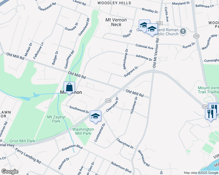 map of restaurants, bars, coffee shops, grocery stores, and more near 4011 Old Mill Road in Alexandria