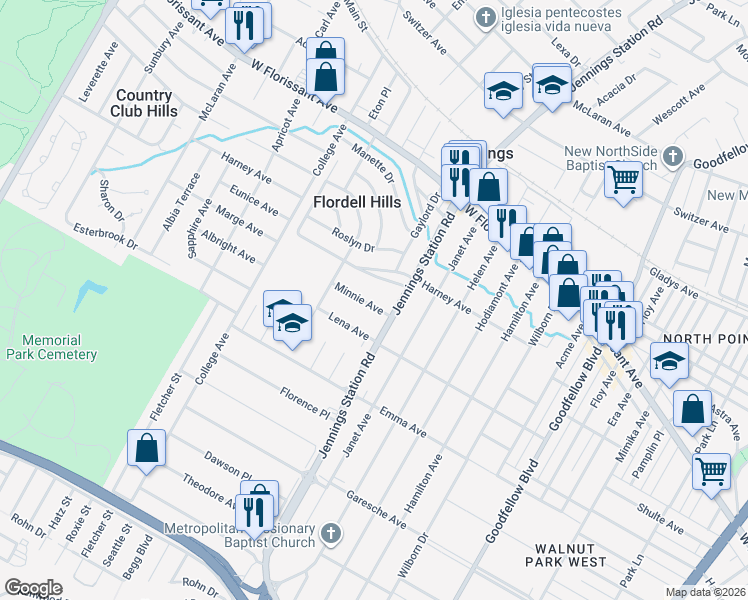 map of restaurants, bars, coffee shops, grocery stores, and more near 7040 Greenhaven Drive in St. Louis