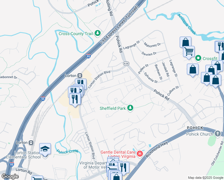 map of restaurants, bars, coffee shops, grocery stores, and more near 7712 Wolford Way in Lorton