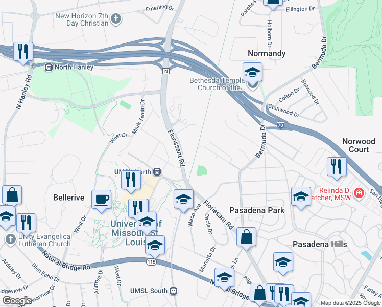 map of restaurants, bars, coffee shops, grocery stores, and more near 4352 Walker Lane in St. Louis