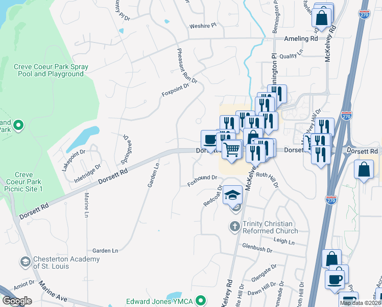 map of restaurants, bars, coffee shops, grocery stores, and more near 12188 Oakwilde Court in Maryland Heights