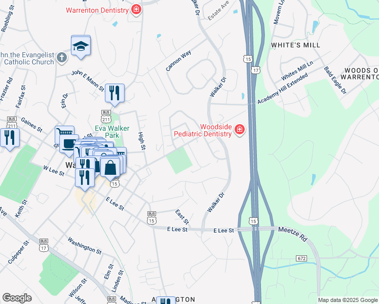 map of restaurants, bars, coffee shops, grocery stores, and more near 178 Sterling Court in Warrenton