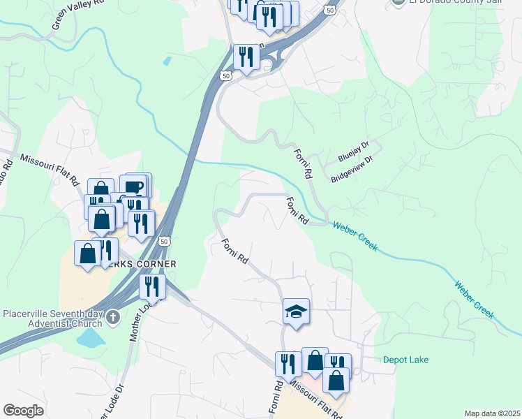 map of restaurants, bars, coffee shops, grocery stores, and more near 3480 Forni Road in Placerville