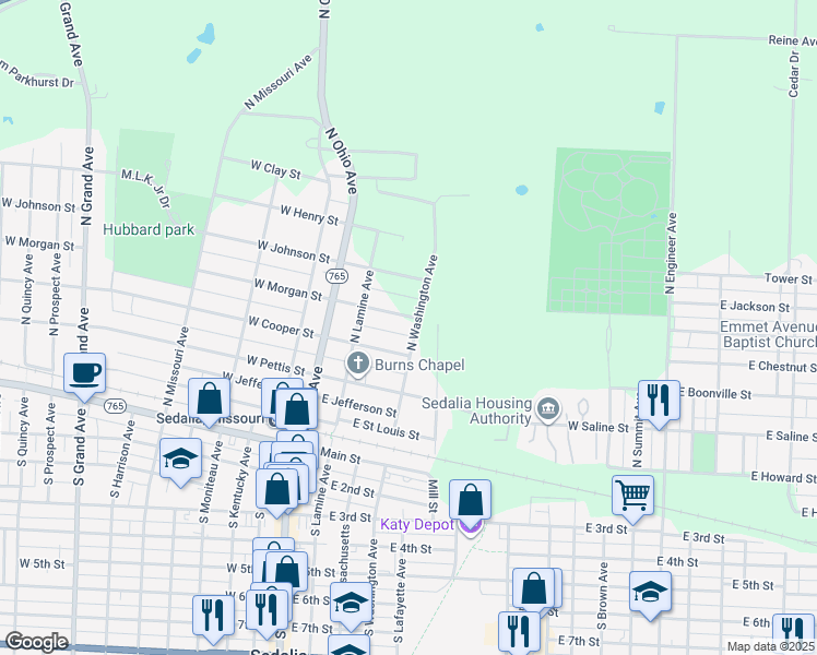map of restaurants, bars, coffee shops, grocery stores, and more near 201-399 East Morgan Street in Sedalia