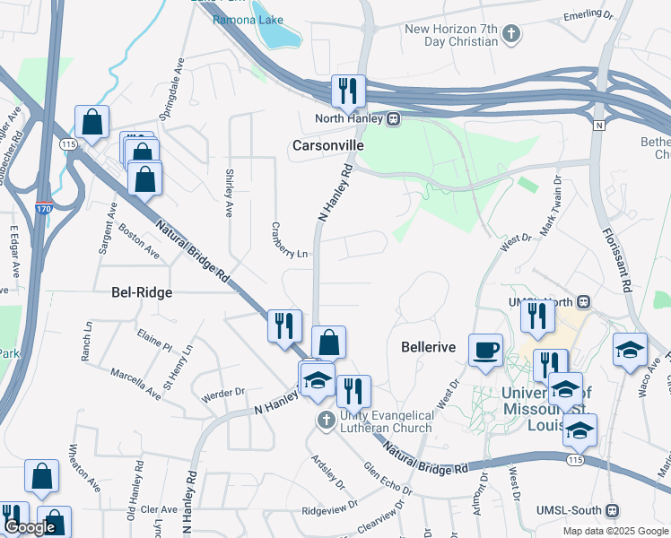 map of restaurants, bars, coffee shops, grocery stores, and more near 8541 Jenny Drive in St. Louis