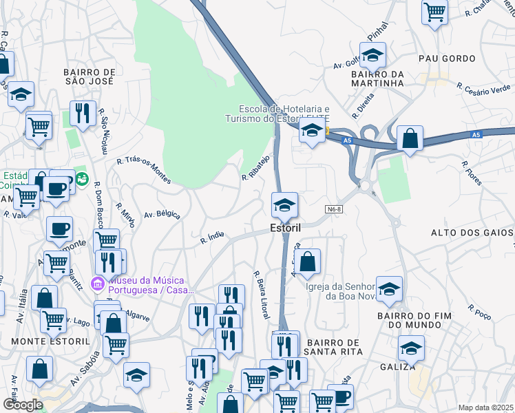 map of restaurants, bars, coffee shops, grocery stores, and more near 1760 Rua Dom Afonso Henriques in Estoril
