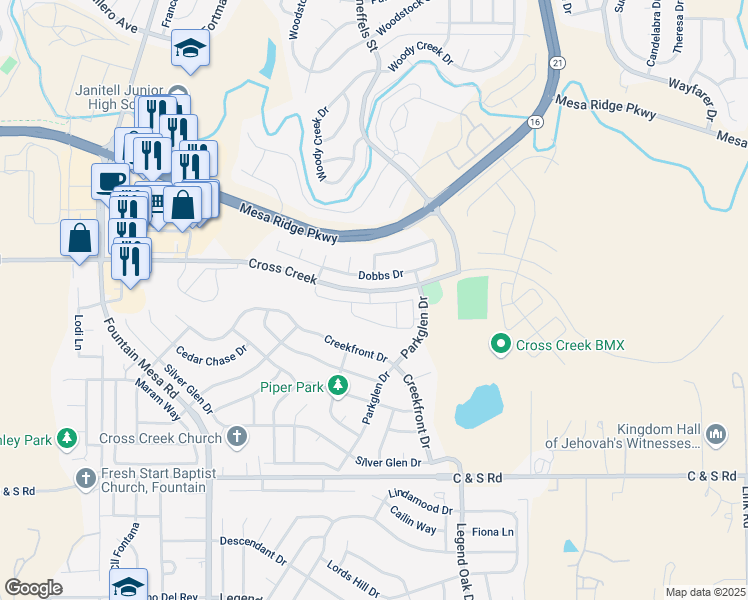 map of restaurants, bars, coffee shops, grocery stores, and more near 7476 Sandy Springs Point in Fountain