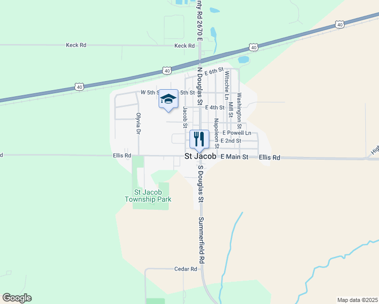 map of restaurants, bars, coffee shops, grocery stores, and more near 105 West 2nd Street in Saint Jacob