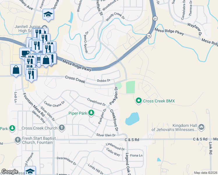 map of restaurants, bars, coffee shops, grocery stores, and more near 7625 Dobbs Drive in Fountain
