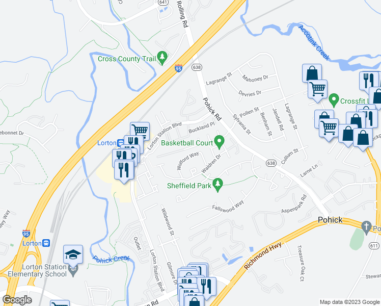 map of restaurants, bars, coffee shops, grocery stores, and more near 7702 Wolford Way in Lorton