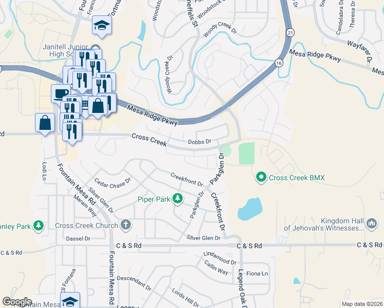 map of restaurants, bars, coffee shops, grocery stores, and more near 7555 Dobbs Drive in Fountain