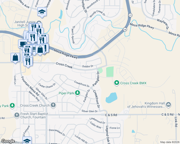 map of restaurants, bars, coffee shops, grocery stores, and more near 7530 Sandy Springs Point in Fountain