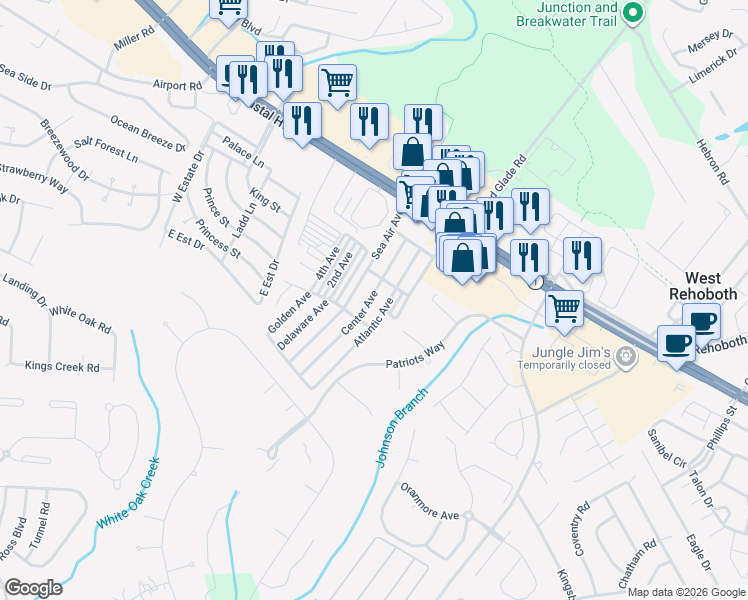 map of restaurants, bars, coffee shops, grocery stores, and more near 19845 Center Avenue in Rehoboth Beach