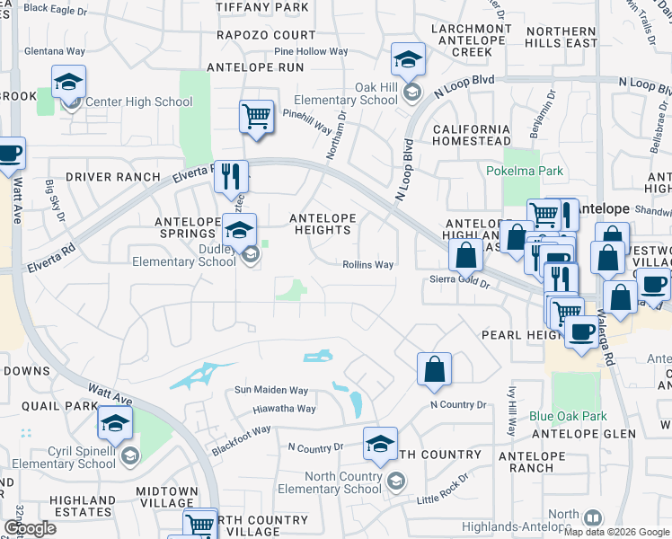 map of restaurants, bars, coffee shops, grocery stores, and more near 8028 Citron Court in Antelope